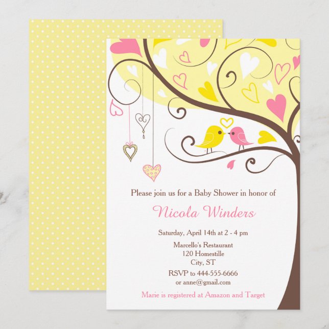 Birds Hearts Tree Yellow and Coral Baby Shower Invitation (Front/Back)