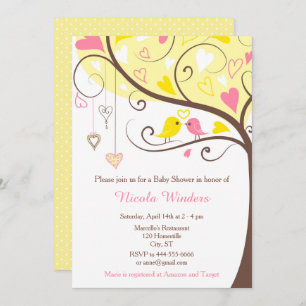Birds Hearts Tree Yellow and Coral Baby Shower Invitation