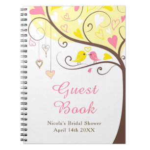 Birds Hearts Tree Yellow and Coral Bridal Shower Notebook
