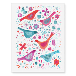 Birds in a Garden Pretty Watercolor Boho Temporary Tattoos