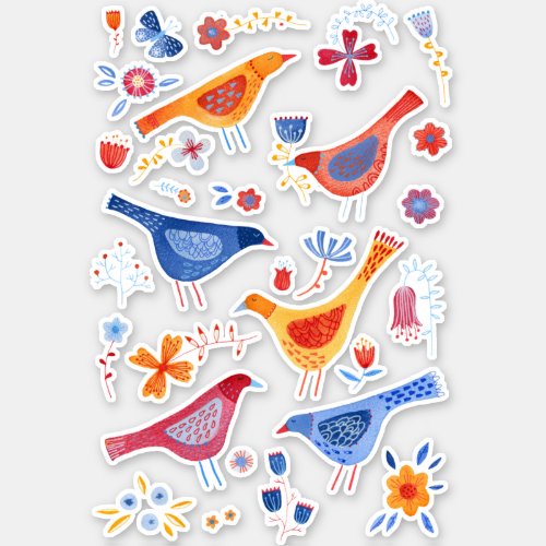 Birds in a Garden Watercolor Nature Painting Sticker