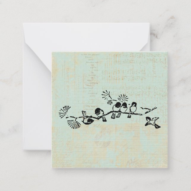 Birds in a Row Rustic Green Music Background Note Card (Front)