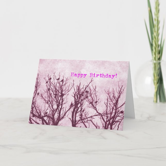 Birds in a Tree, Pink Grunge, Happy Birthday Card (Front)