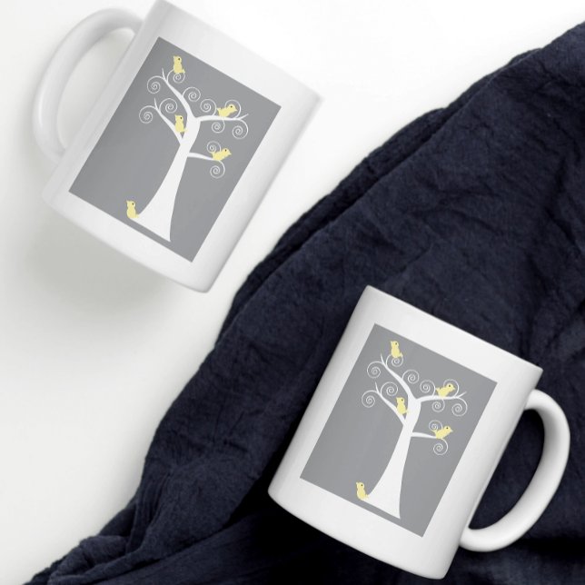 Birds in a Tree Yellow Gray Background Coffee Mug (A cute design of yellow birds on a gray background on a mug from Valerie's Gallery on Zazzle.)