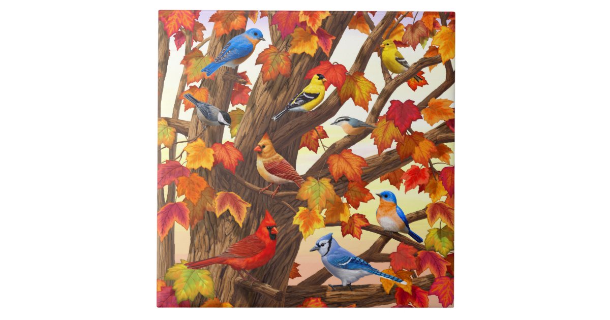 Birds in Autumn Maple Tree Ceramic Tile | Zazzle