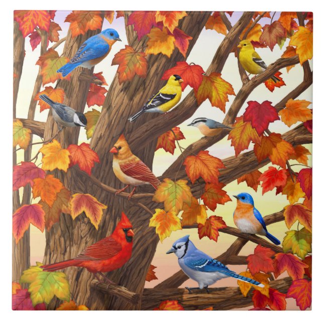 Birds in Autumn Maple Tree Ceramic Tile (Front)