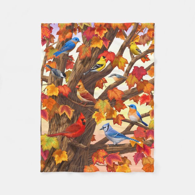 Birds in Autumn Maple Tree Fleece Blanket (Front)