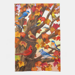 Birds in Autumn Maple Tree Kitchen Towel
