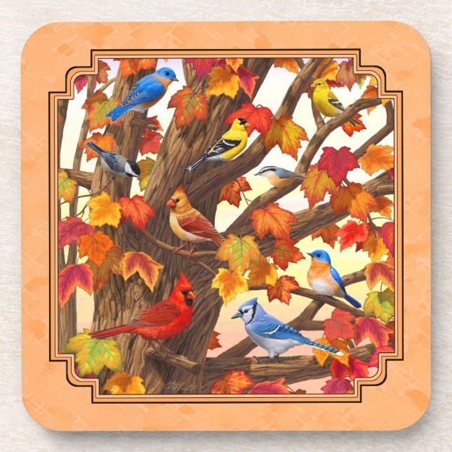 Birds in Autumn Maple Tree Peach Drink Coaster (Front)