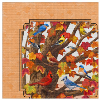 Birds in Autumn Maple Tree Peach Fabric