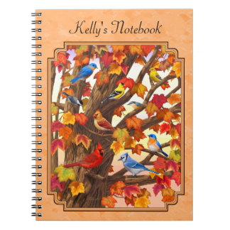 Birds in Autumn Maple Tree Peach Notebook
