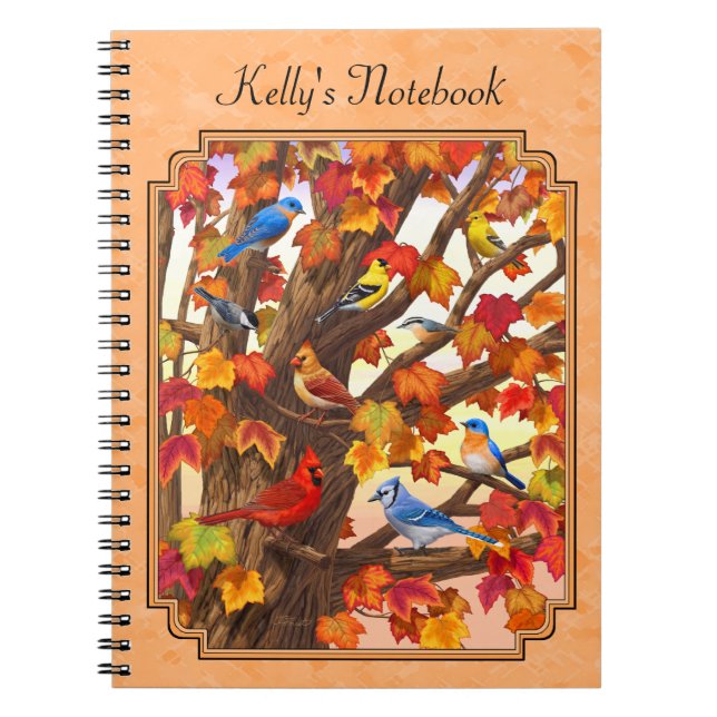 Birds in Autumn Maple Tree Peach Notebook (Front)