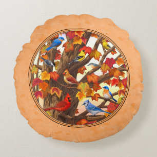 Birds in Autumn Maple Tree Peach Round Pillow