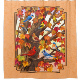 Birds in Autumn Maple Tree Peach Shower Curtain