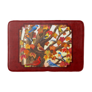 Birds in Autumn Maple Tree Red Bathroom Mat