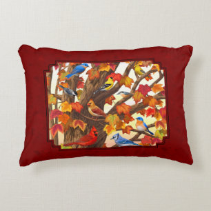 Birds in Autumn Maple Tree Red Decorative Pillow
