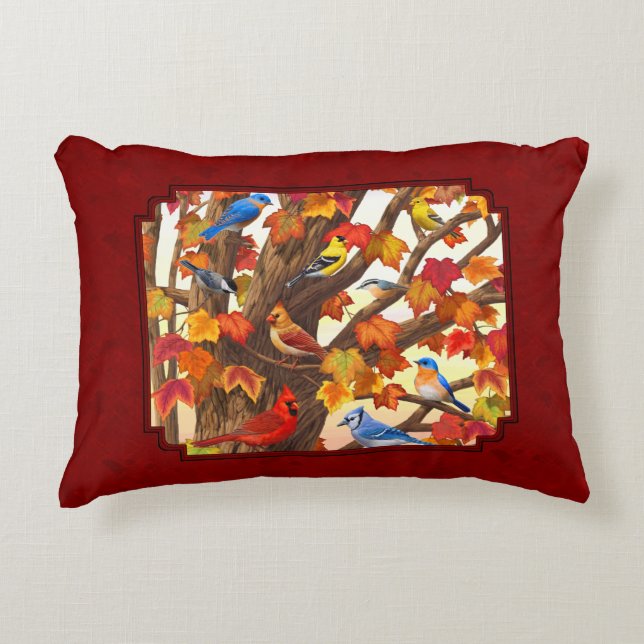 Birds in Autumn Maple Tree Red Decorative Pillow (Front)