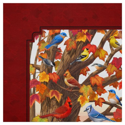 Birds in Autumn Maple Tree Red Fabric