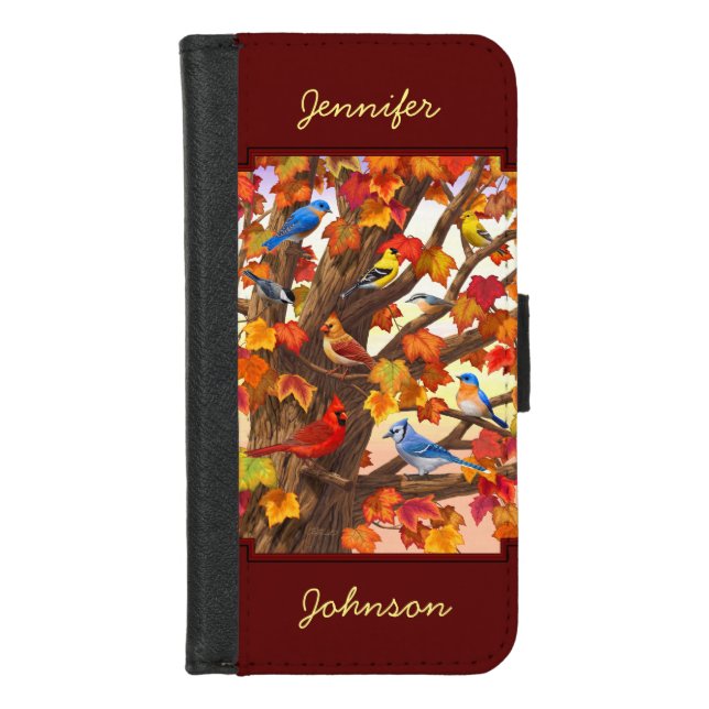 Birds in Autumn Maple Tree Red iPhone Wallet Case (Front)