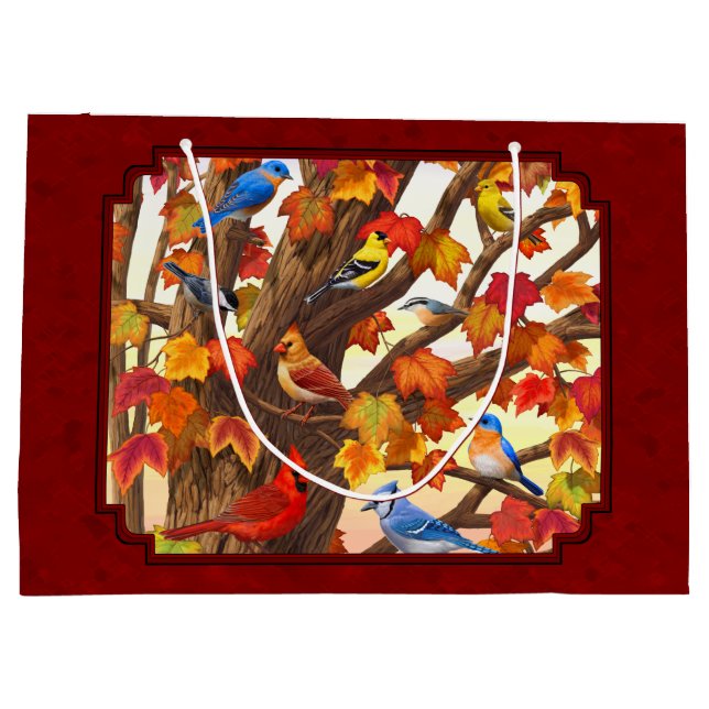 Birds in Autumn Maple Tree Red Large Gift Bag (Back)