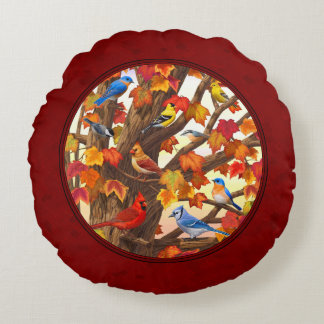 Birds in Autumn Maple Tree Red Round Pillow
