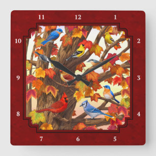 Birds in Autumn Maple Tree Red Square Wall Clock