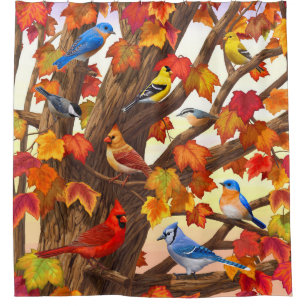 Birds in Autumn Maple Tree Shower Curtain