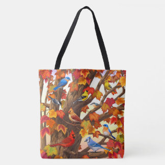 Birds in Autumn Maple Tree Tote Bag