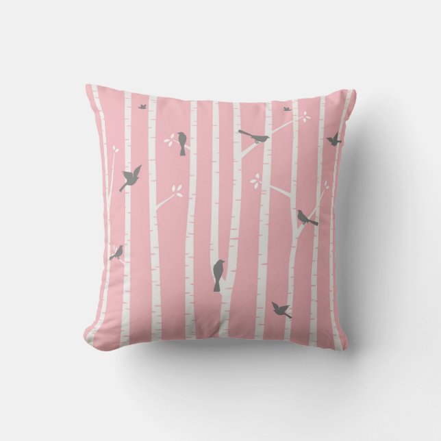 Birds in Birch Trees Grey White Pink Throw Pillow (Front)