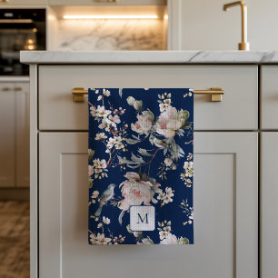 Birds in Blossom Navy Blue Watercolor Mongrammed Kitchen Towel