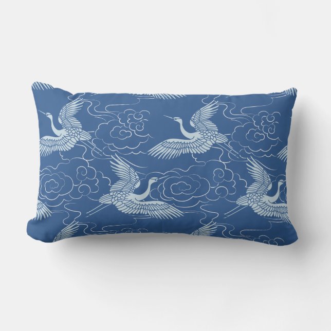 Birds in Flight Blue Chinese Ceramic Pattern Lumbar Pillow (Front)