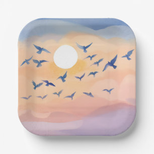 Birds in Flight Sunset Nature Watercolor Paper Plates