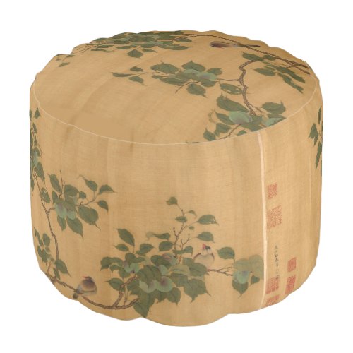 Birds in Fruit Tree antique Chinese silk painting Pouf