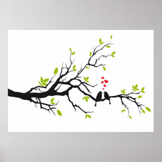 Birds in love with red hearts on spring tree poster
