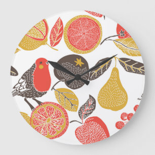 Birds in Lush Fruit Garden Large Clock
