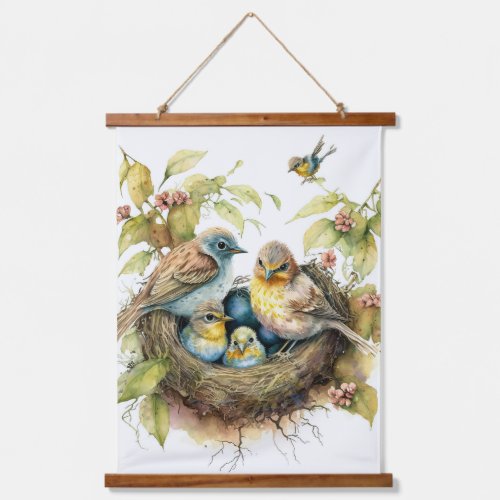 Birds in Nest Watercolor Wall Tapestry