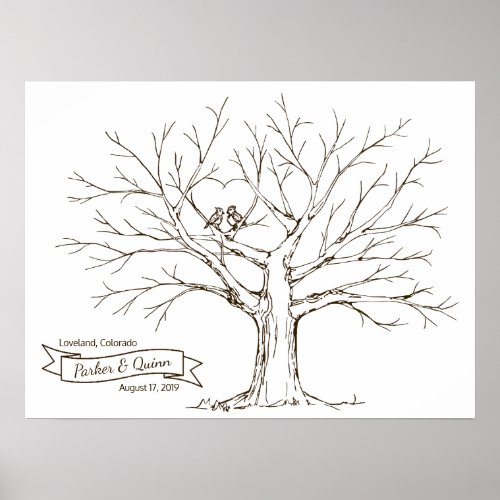 Birds in Oak Tree Heart Fingerprint Guestbook