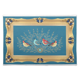 Birds in Ornate Gold Frame with Blue Accents Cloth Placemat