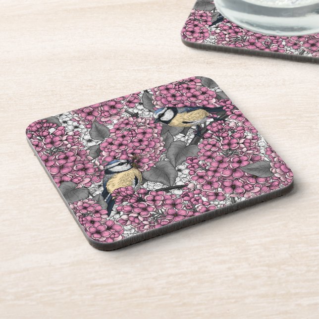 Birds in pink lilac garden beverage coaster (Left Side)