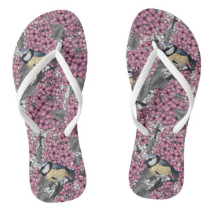 Birds in pink lilac garden flip flops