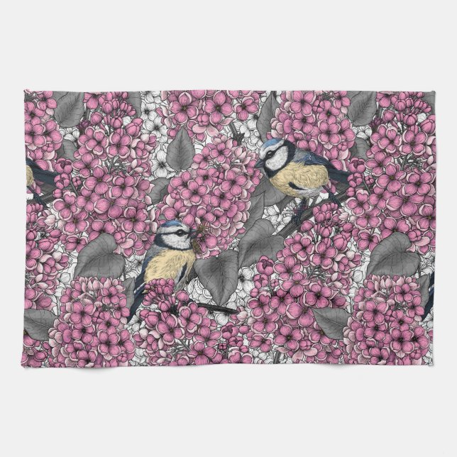 Birds in pink lilac garden kitchen towel (Horizontal)