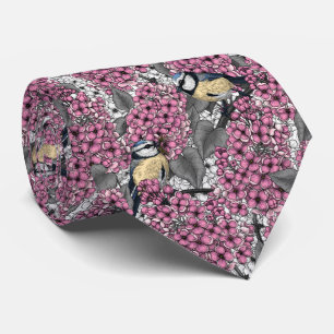 Birds in pink lilac garden neck tie