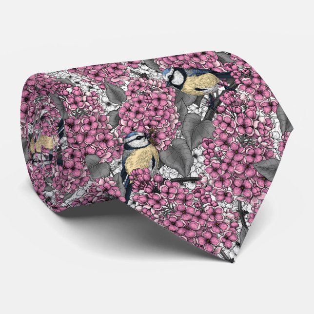 Birds in pink lilac garden neck tie (Rolled)