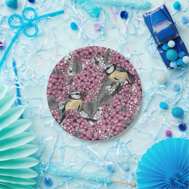 Birds in pink lilac garden paper plates (Party)