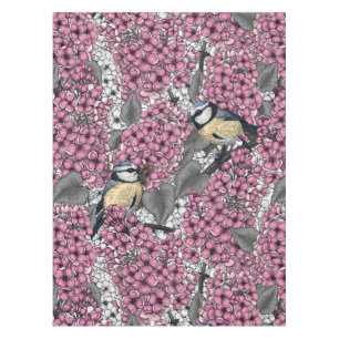 Birds in pink lilac garden tablecloth