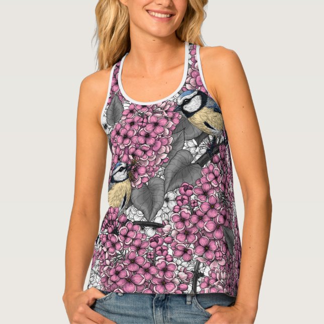 Birds in pink lilac garden tank top (Front)