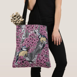 Birds in pink lilac garden tote bag