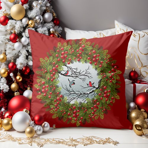 Birds In Snowy Landscape Pine Needles Red Berries Throw Pillow