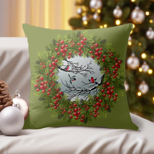 Birds In Snowy Landscape Pine Needles Red Berries Throw Pillow