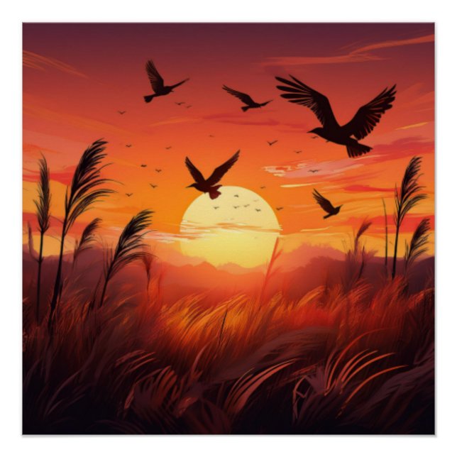 Birds in Sunset Glow – Serene Nature Scene Poster (Front)